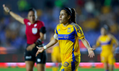 Lizbeth Ovalle celebrates a goal for Tigres UANL in a match against Pachuca in Nuevo León, Mexico in July 2024.