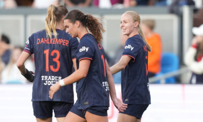 Bay FC teammates celebrate with Penelope Hocking after she scores against Angel City on May 17, 2025.